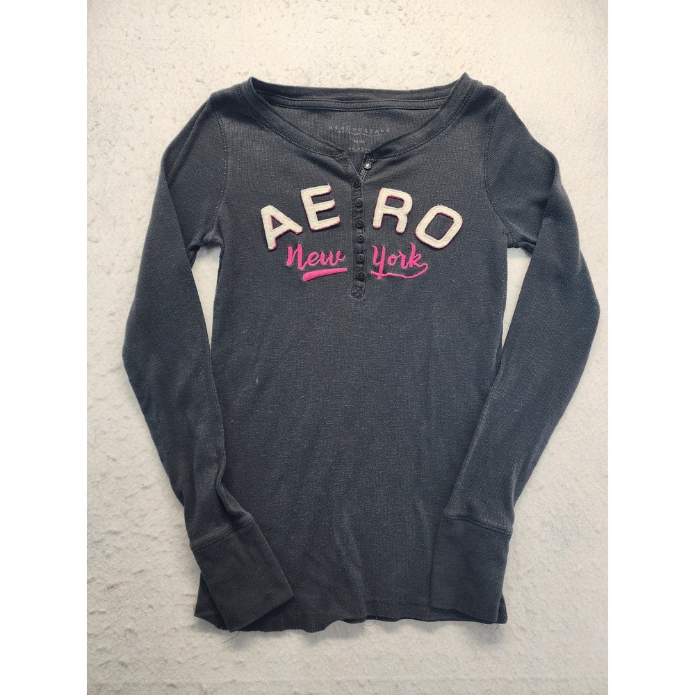 Aeropostale Gray Waffle Knit Henley Graphic Long Sleeve Shirt Size M